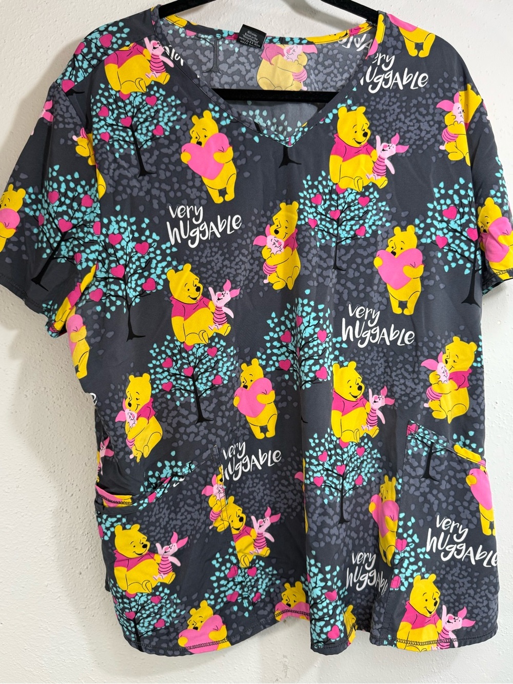 Winnie the Pooh "Very Huggable" Kids Scrub Top - Black & Yellow